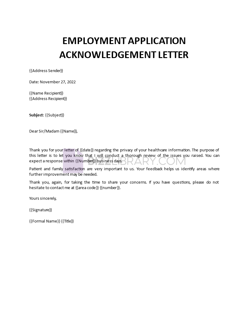 employment application acknowledgement letter template