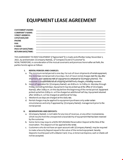 Leasing Agreement For Equipment