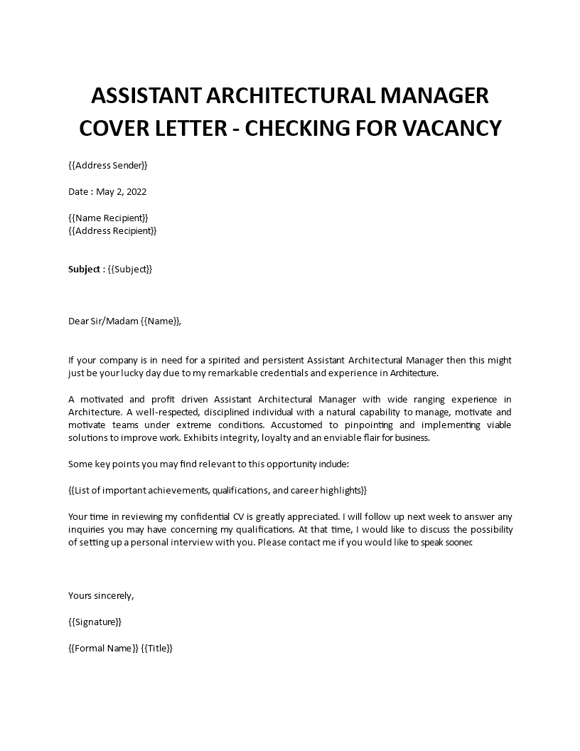 assistant architectural manager cover letter