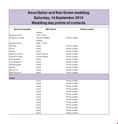 Wedding Sample Itinerary Template