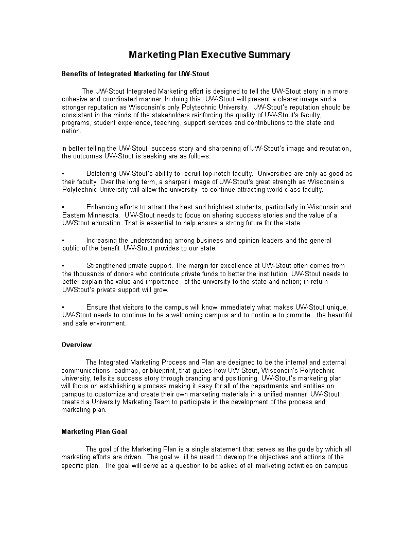 Marketing Plan Executive Summary Template - University of Stout