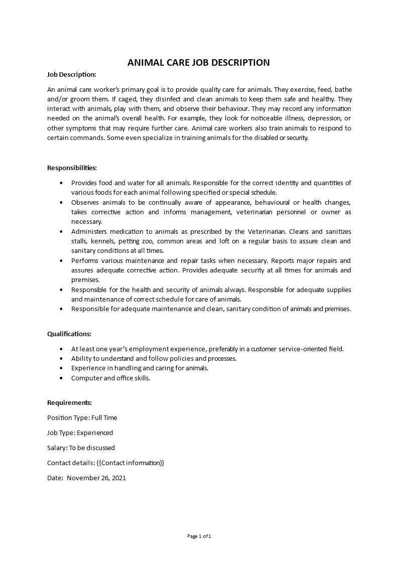 animal care technician job description