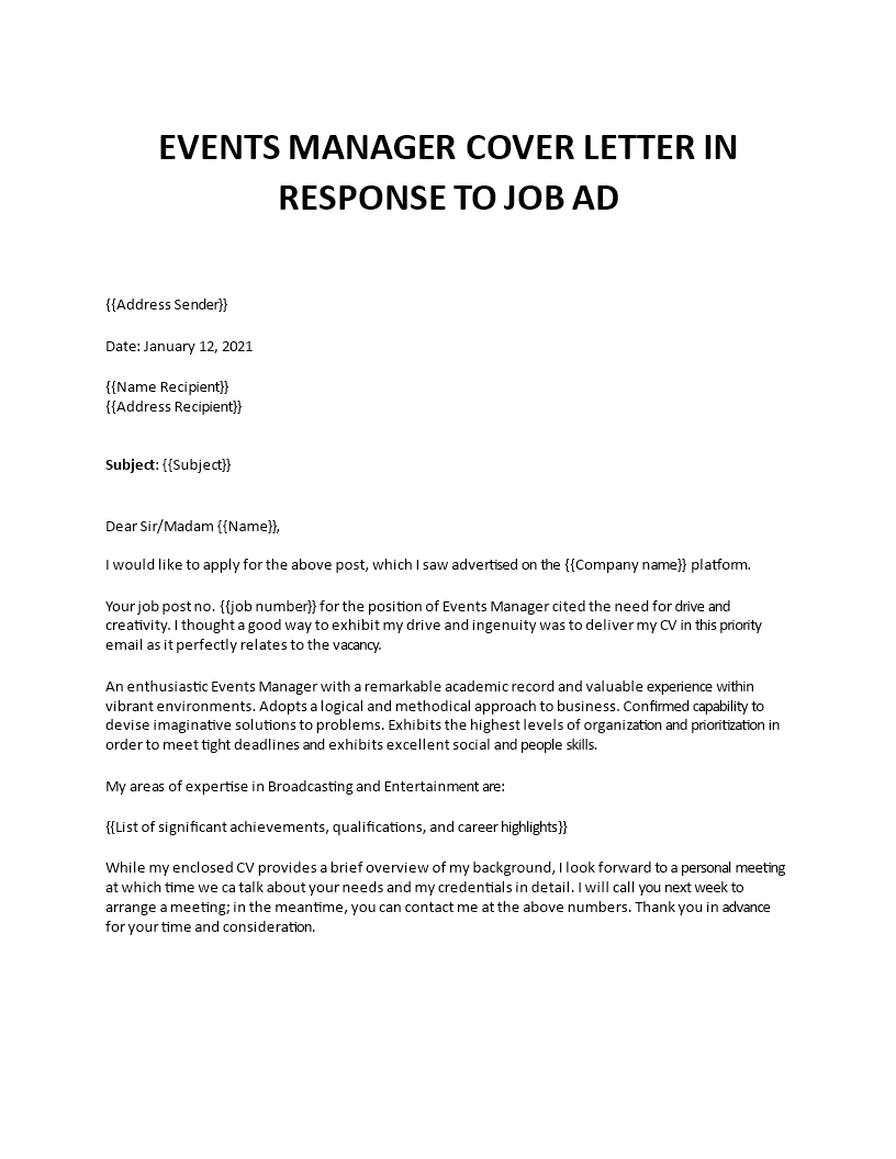 cover letter sample for event manager position