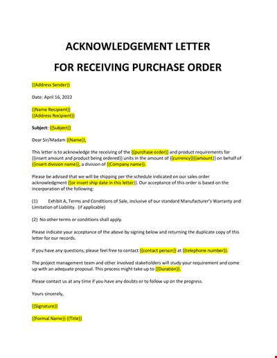 Receive Purchase Order Acknowledgement Letter