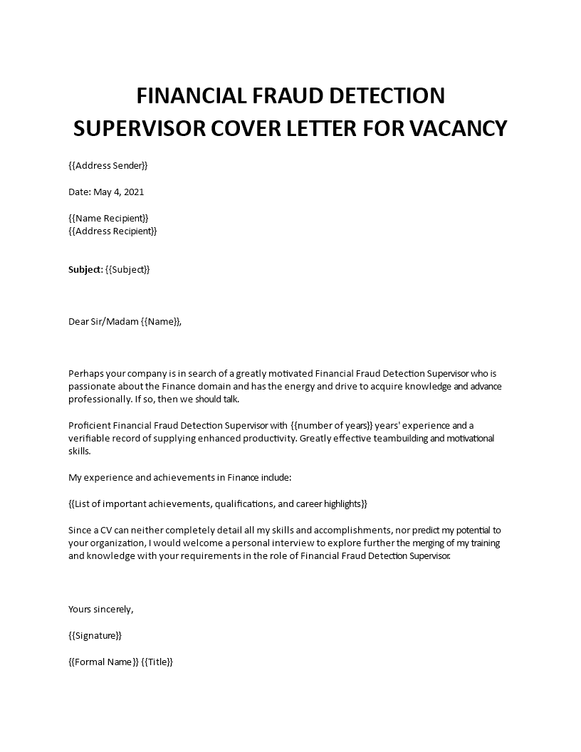 financial fraud detection supervisor cover letter template