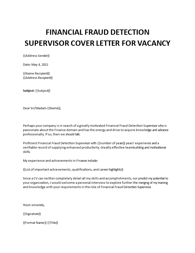 financial fraud detection supervisor cover letter Main Image financial fraud detection supervisor cover letter template