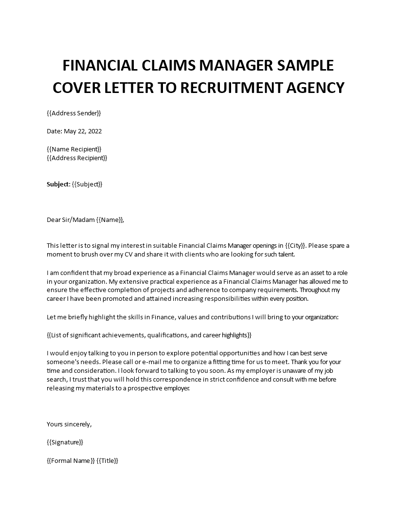 financial claims manager cover letter