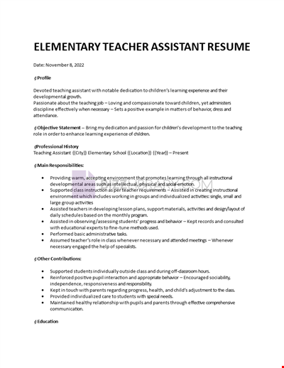 Elementary Teacher Assistant Resume