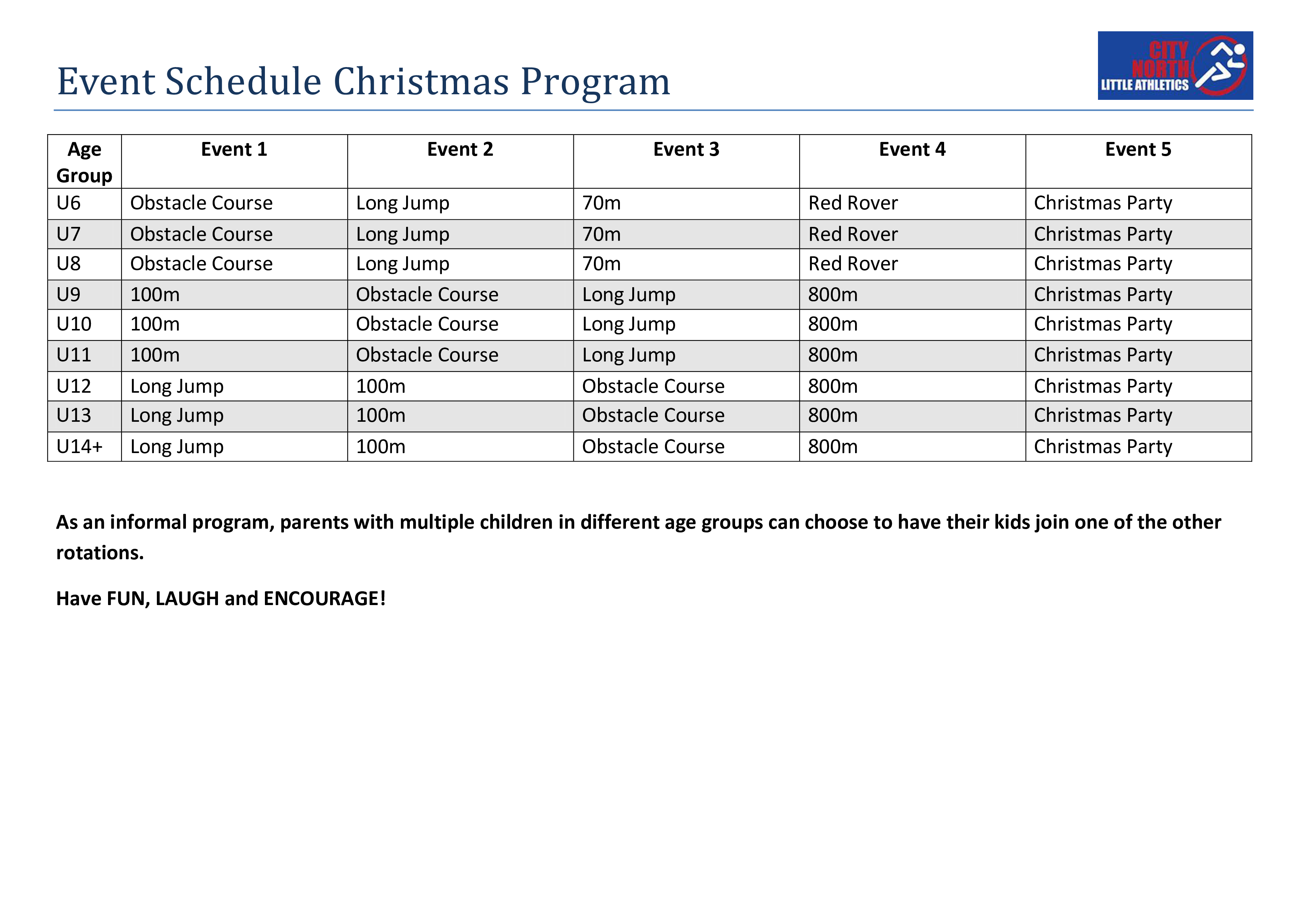 Event Schedule Christmas Program
