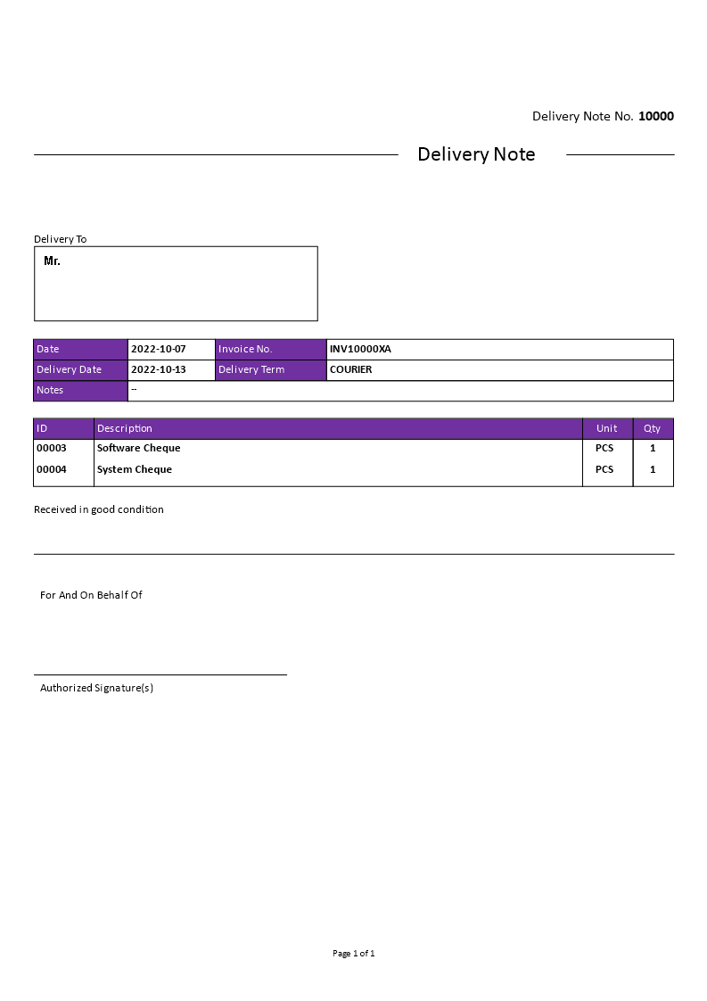 delivery note receipt Main Image delivery note receipt template