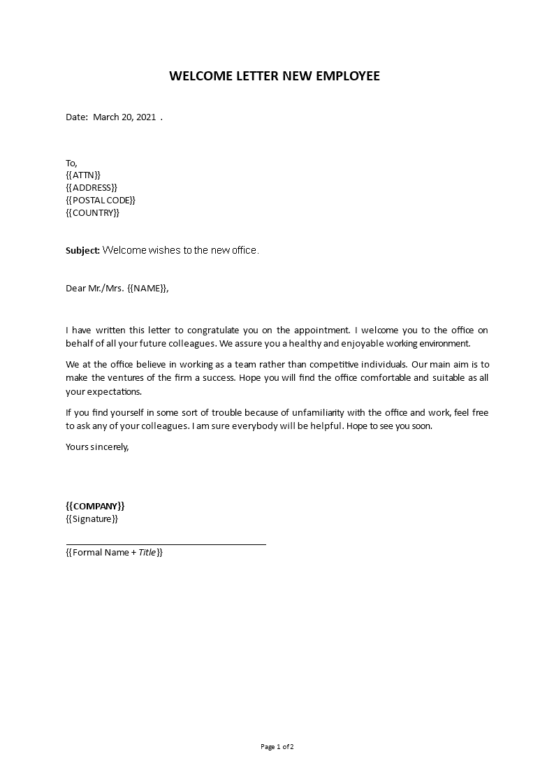 welcome letter new employee