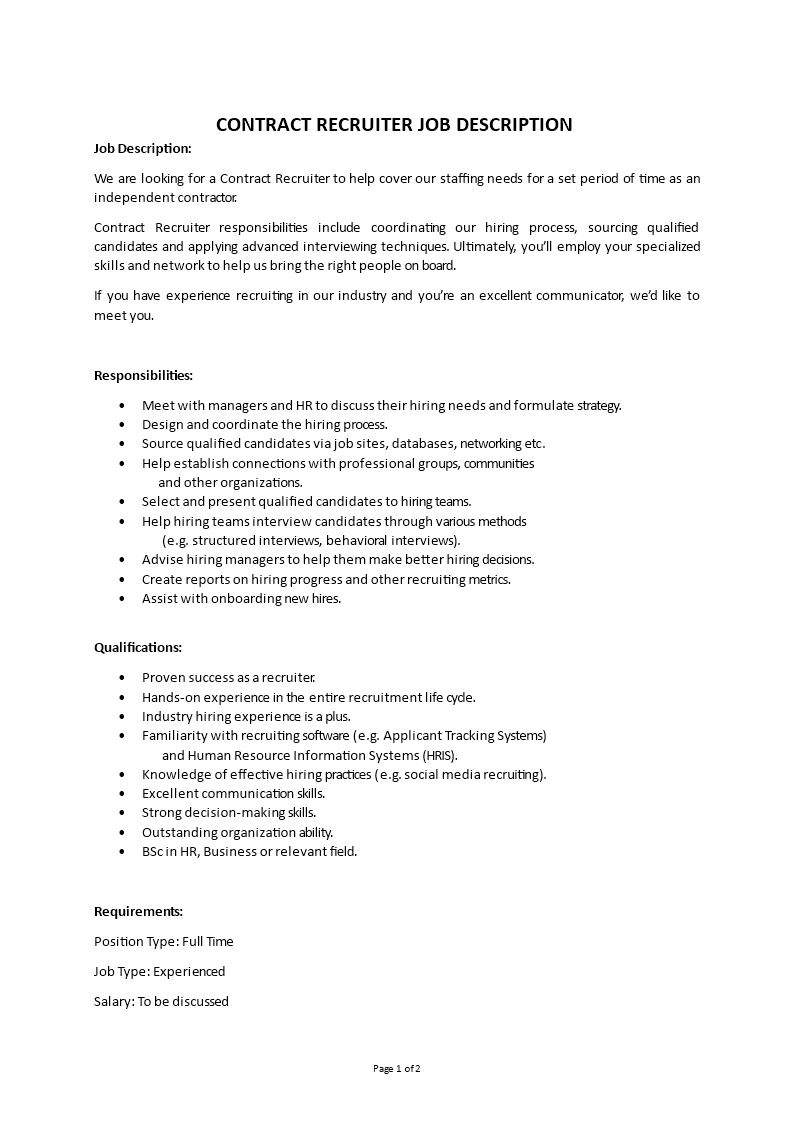 contract recruiter job description template