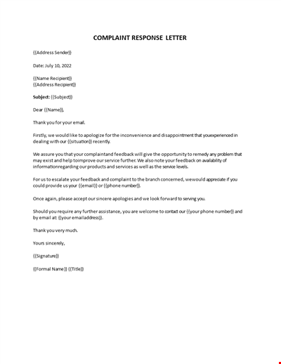 Complaint Response letter