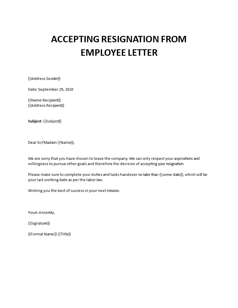 accepting resignation from employee letter