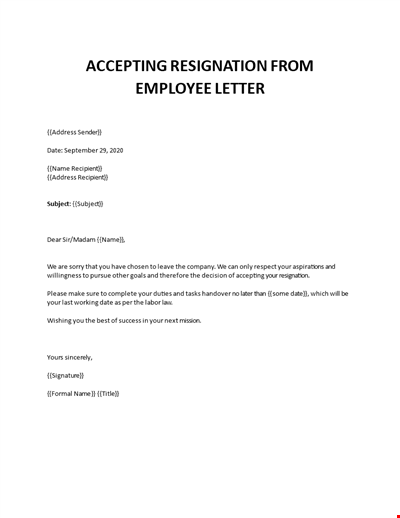 Accepting resignation from employee letter