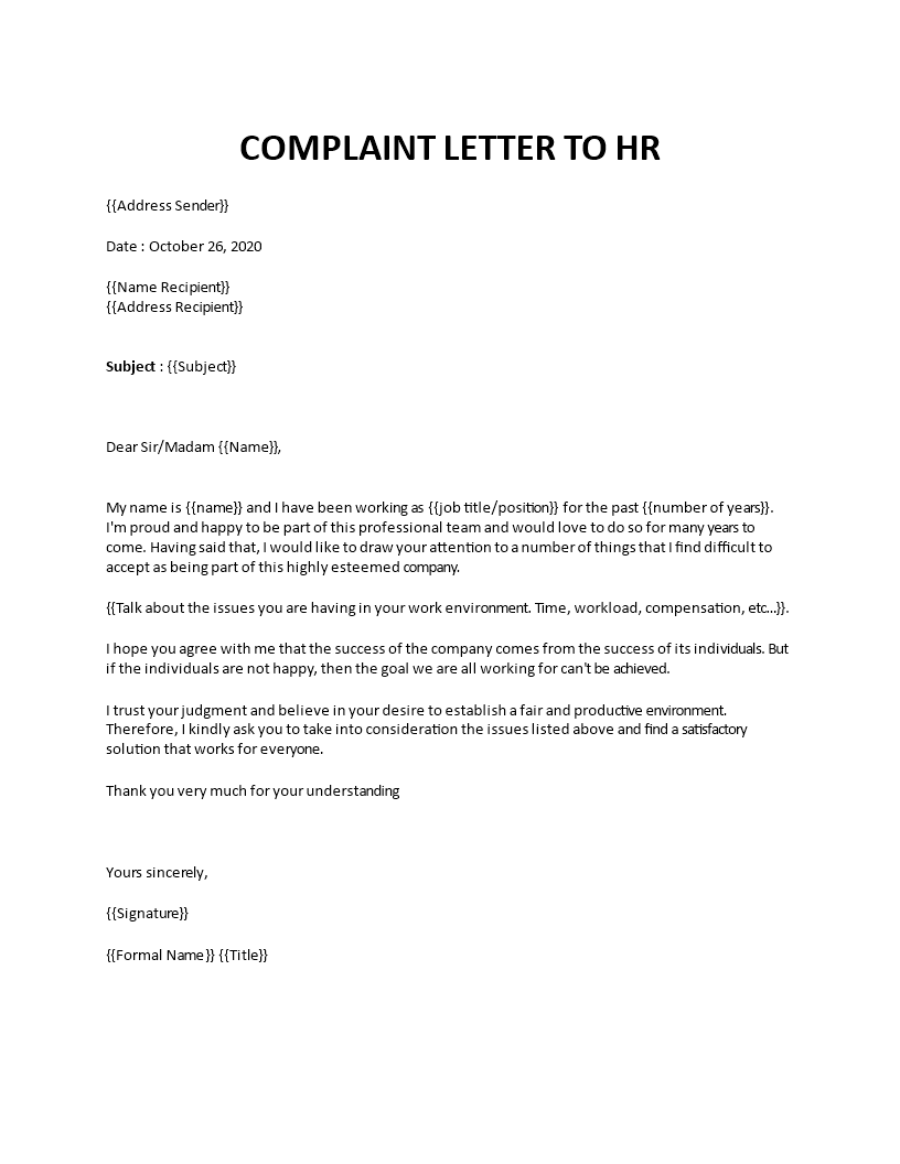 complaint letter to hr