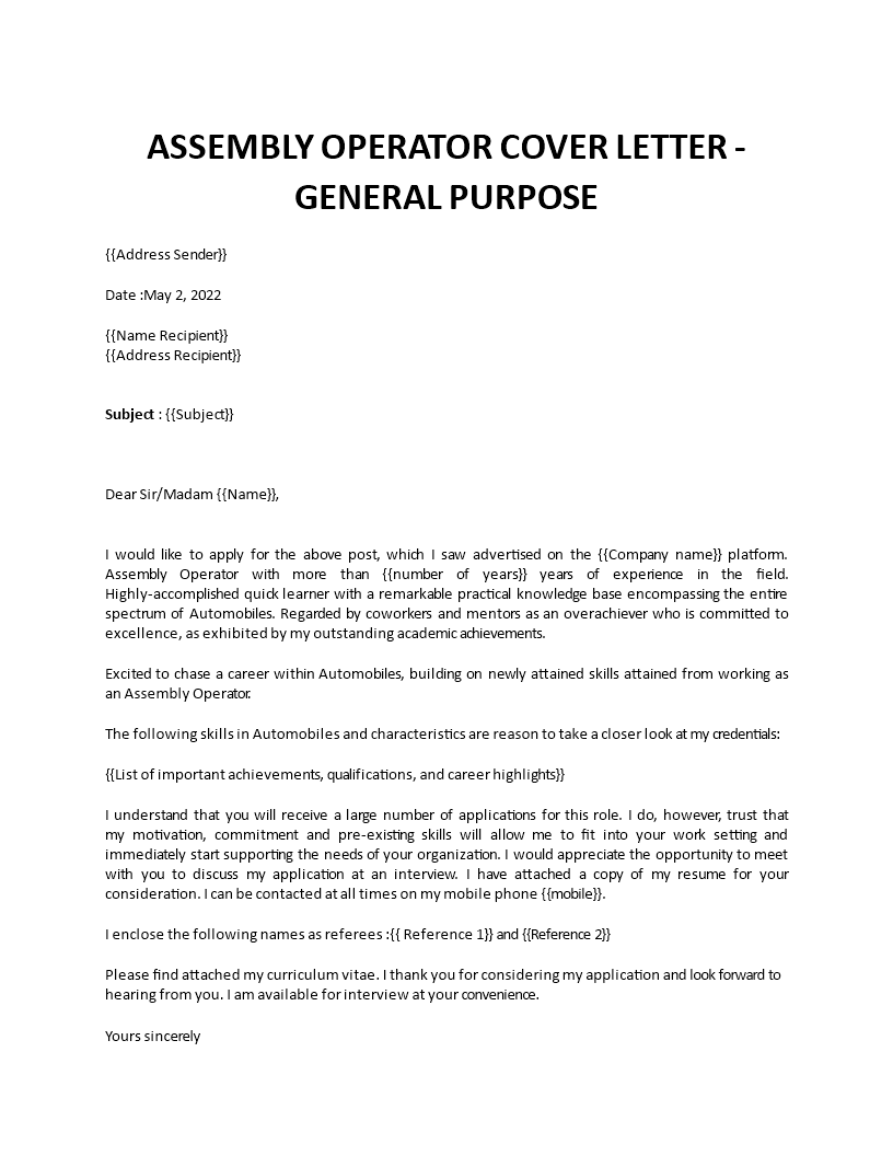 assembly operator application letter