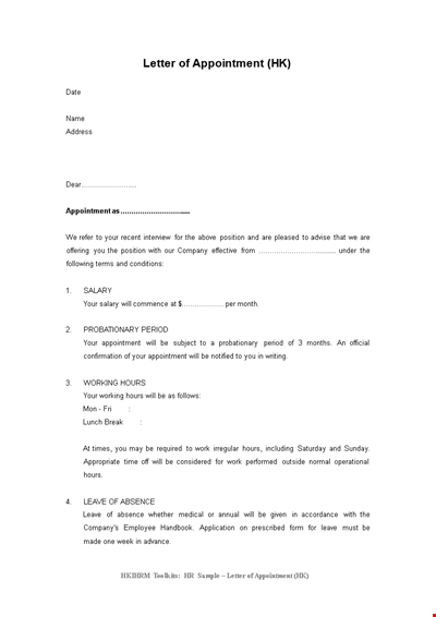 Salary Appointment Offer Letter - Company, Leave, Employment & More