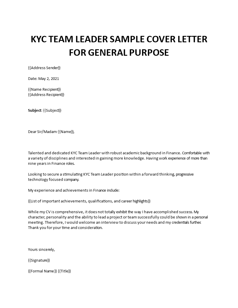 kyc team leader sample cover letter template