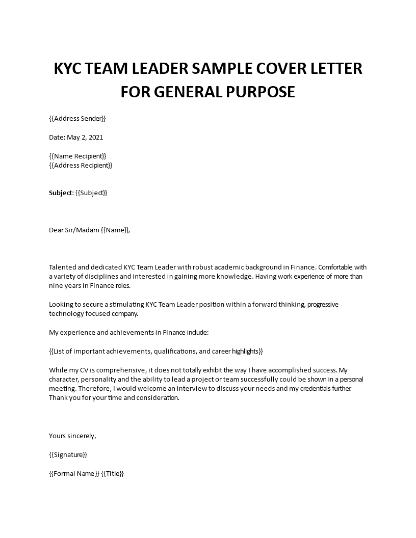 KYC Team Leader sample cover letter