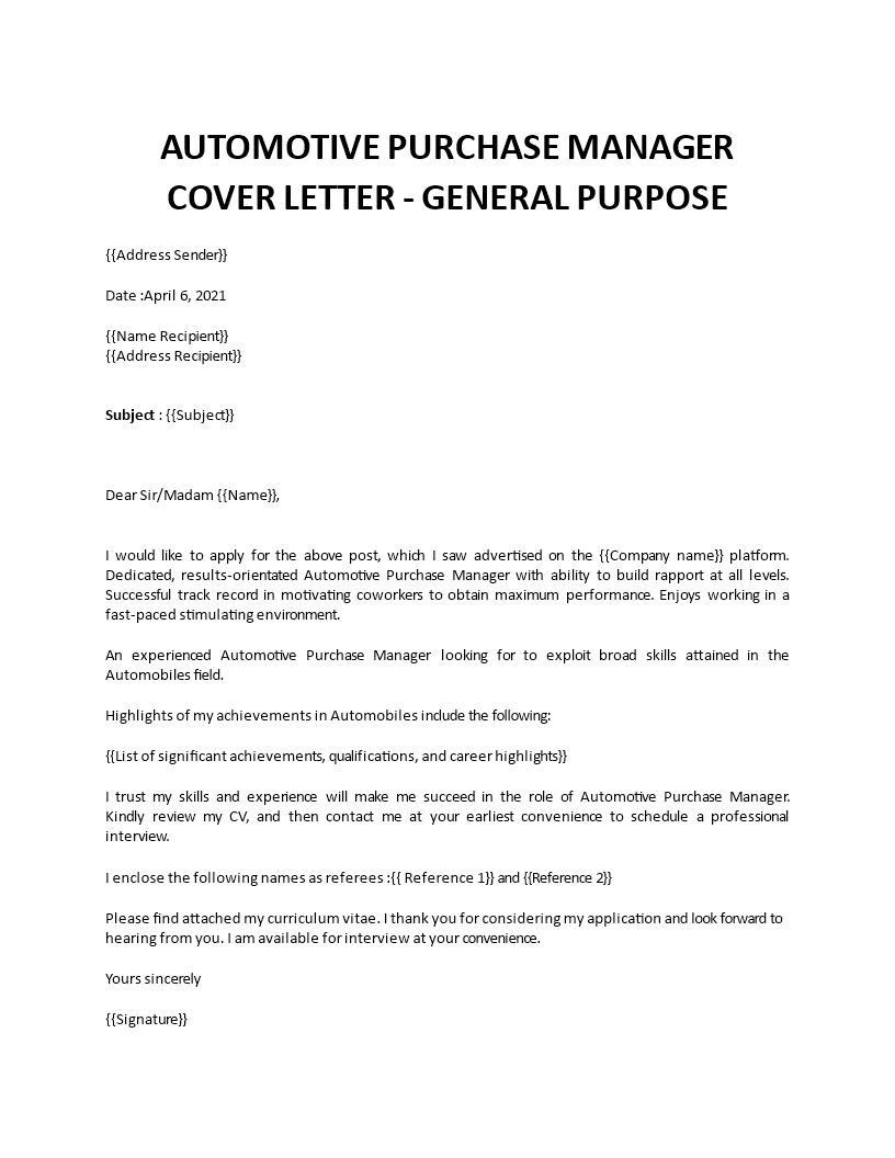 purchase manager cover letter template