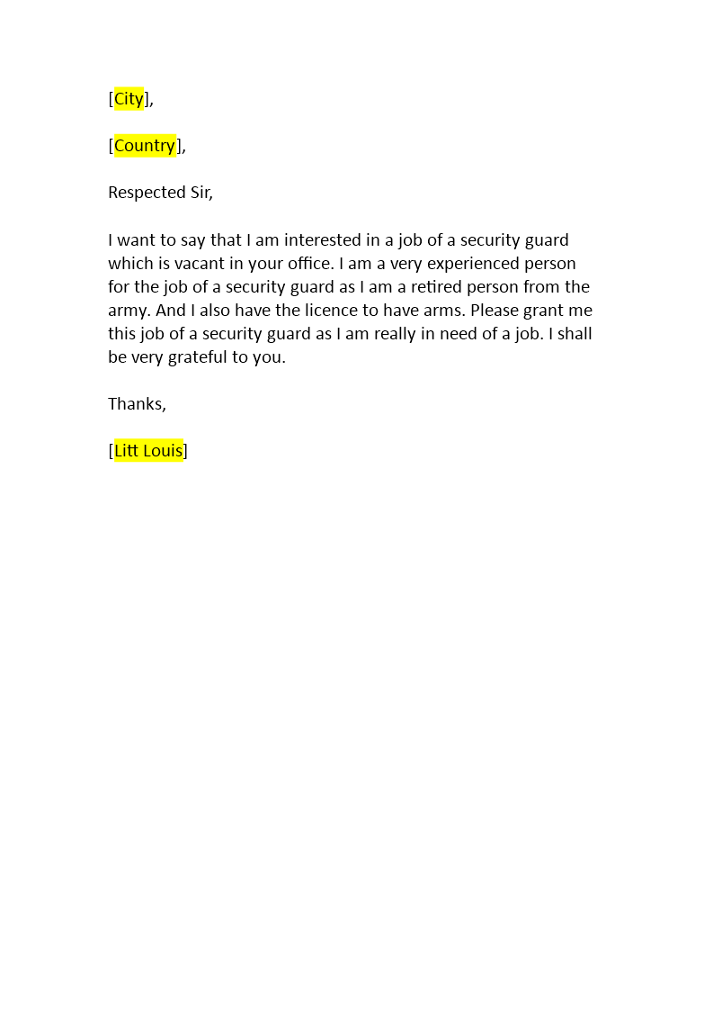 application letter applying for a security guard