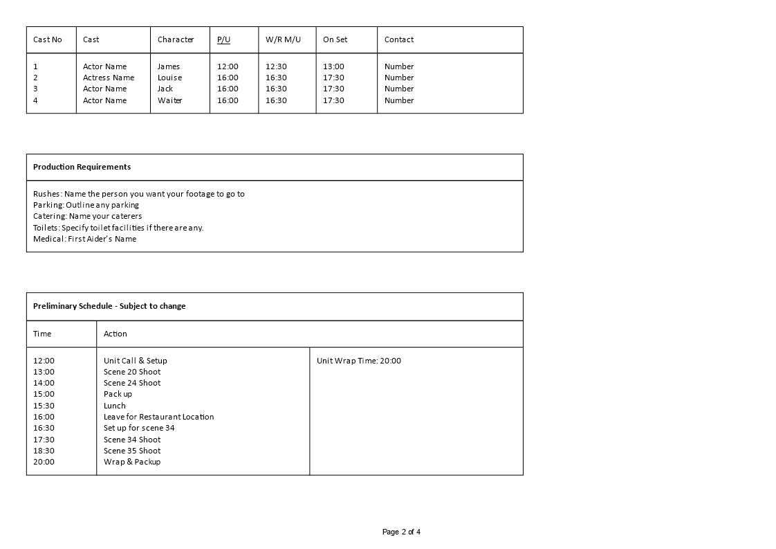 film call sheet example