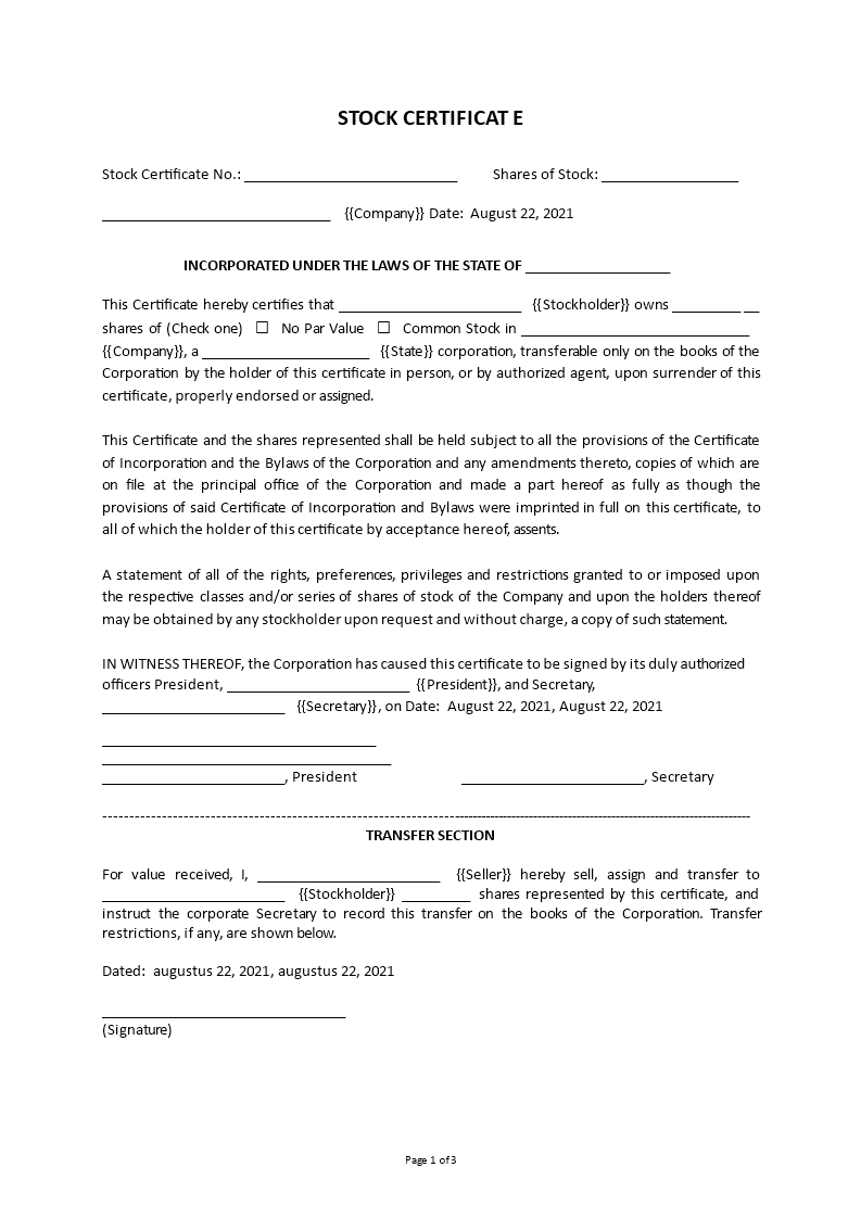 Stock Certificate Template Throughout Corporate Share Certificate Template