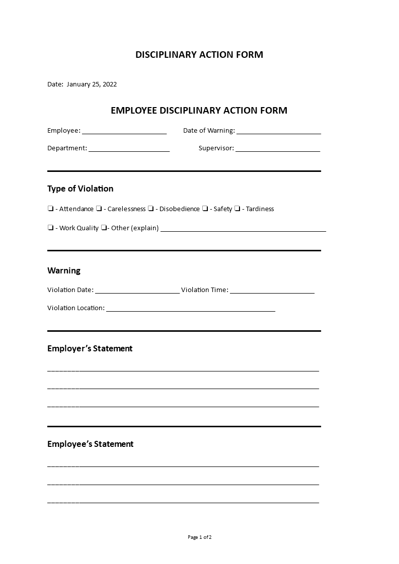 disciplinary action form template