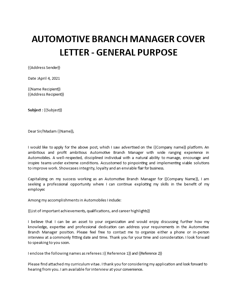 branch manager cover letter automotive