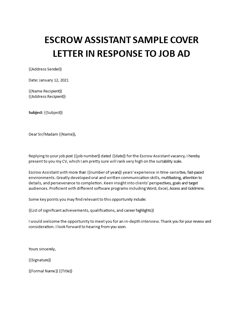 escrow assistant advertising cover letter
