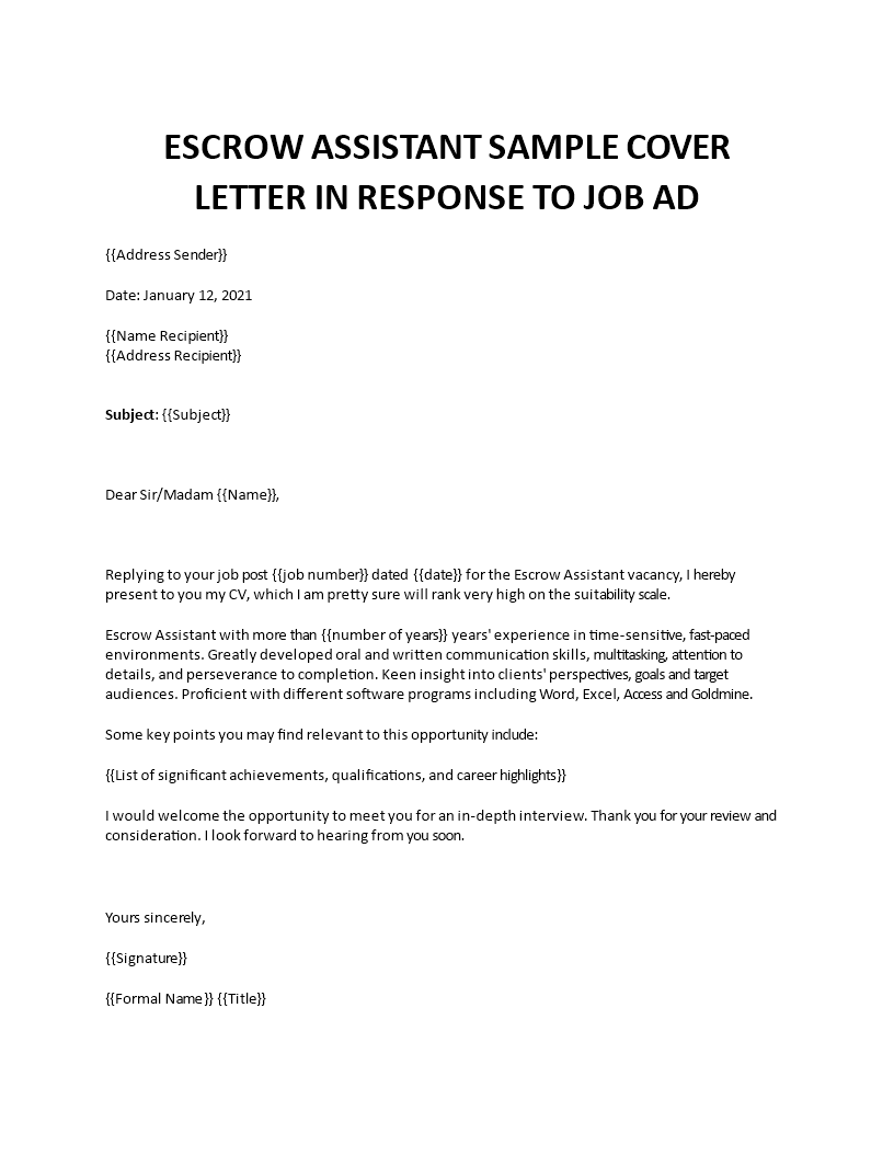 escrow assistant advertising cover letter Main Image escrow assistant advertising cover letter