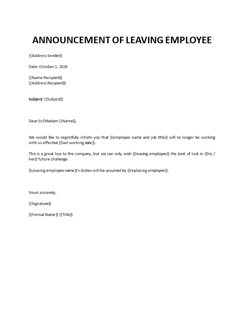 Announcement Of Resigning Employee Letter