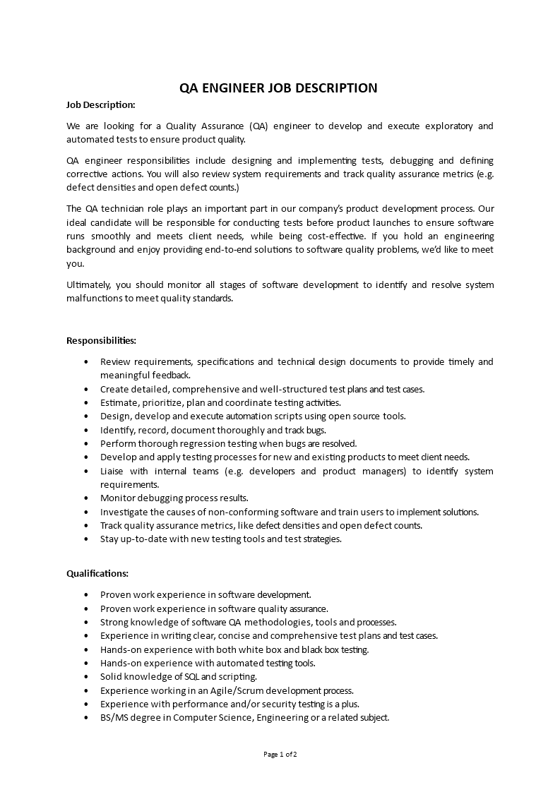 qa software engineer job description Main Image qa software engineer job description template