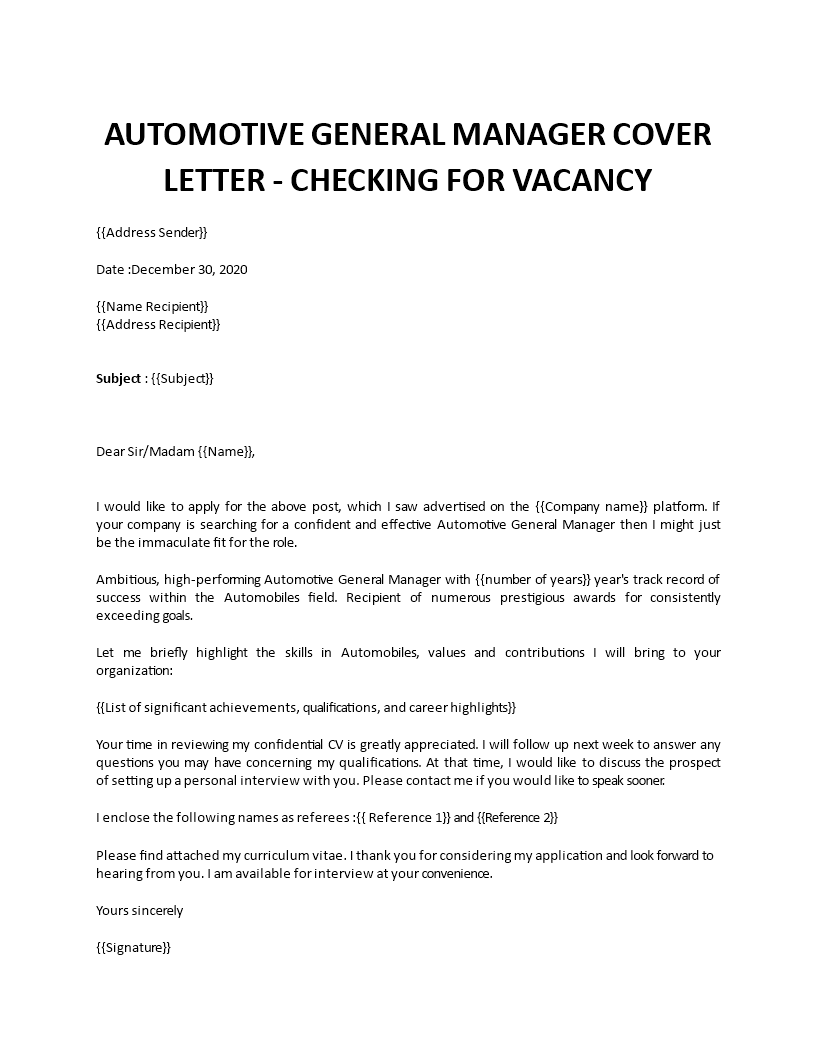 automotive general manager cover letter