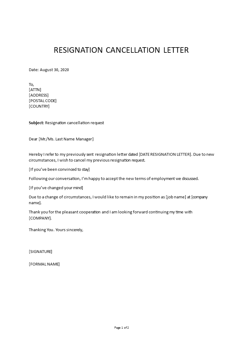 Resignation Cancellation Request Letter