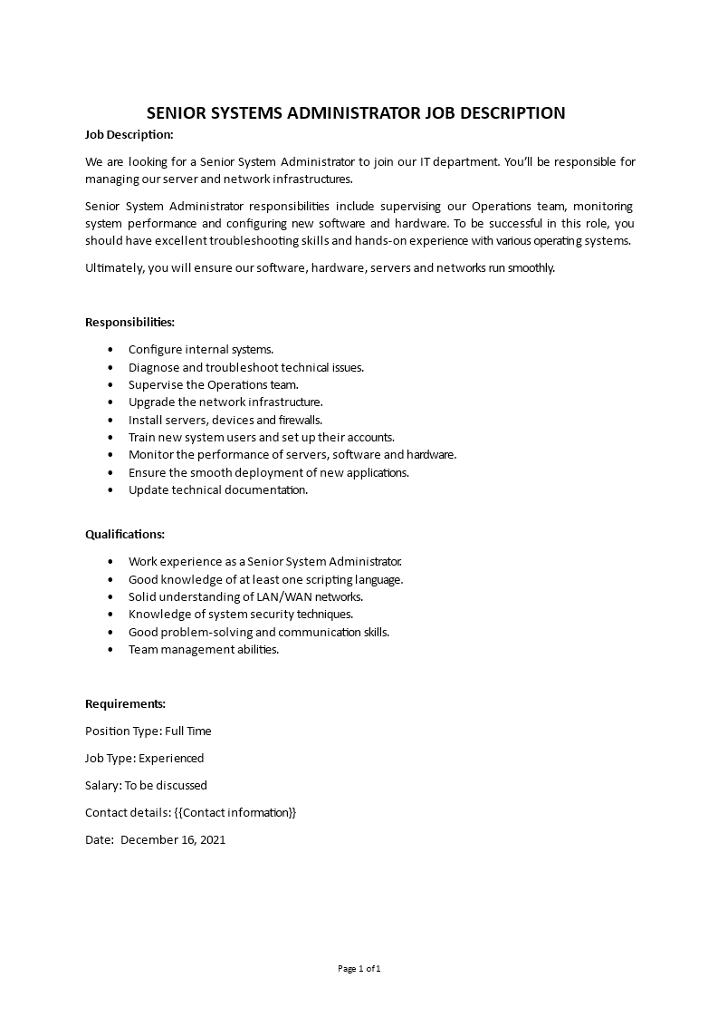 senior system administrator job description Main Image senior system administrator job description template