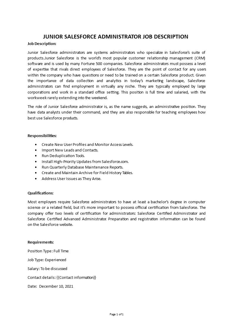 salesforce administrator job description Main Image salesforce administrator job description template