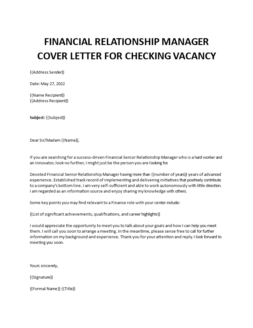 financial relationship manager cover letter