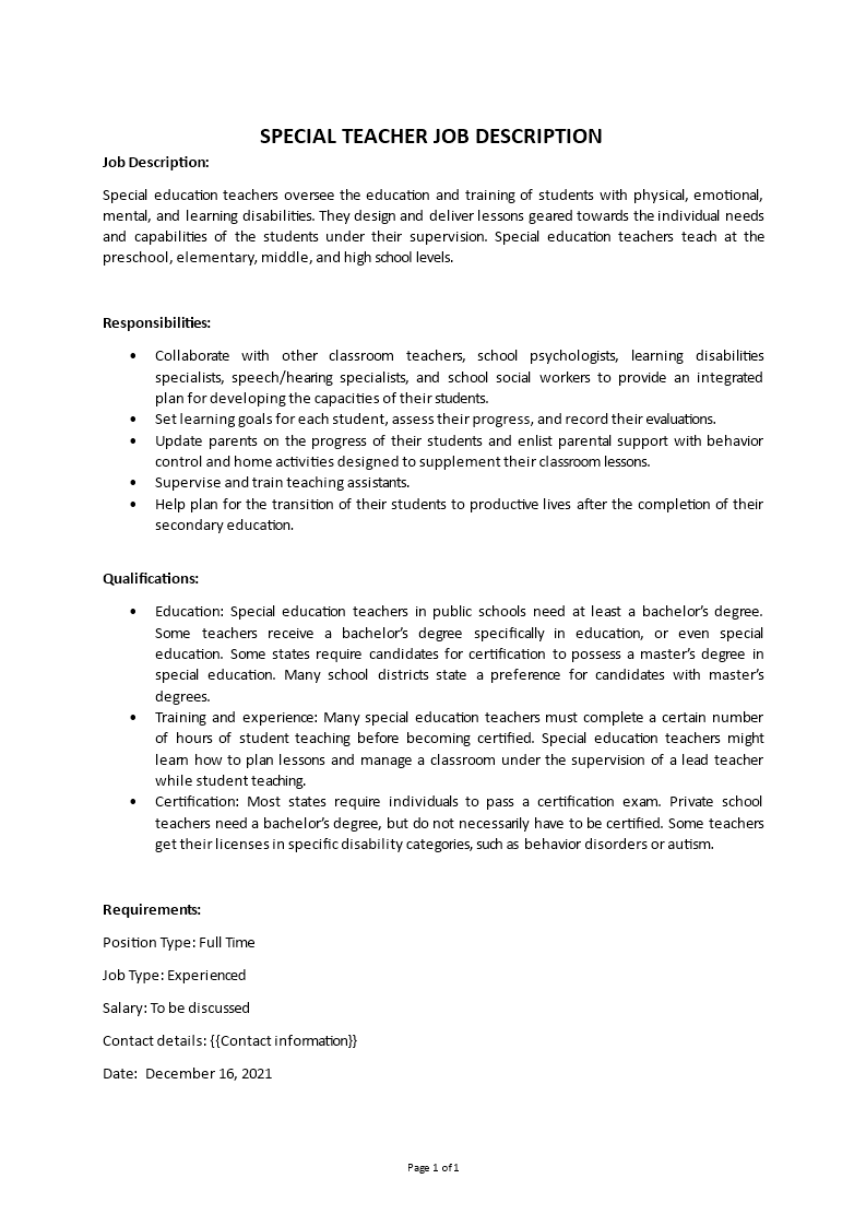 special teacher job description