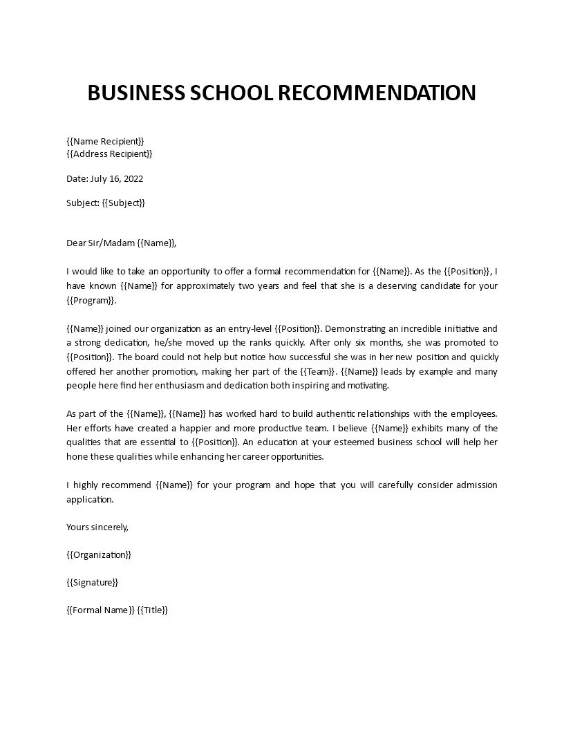 business school recommendation letter