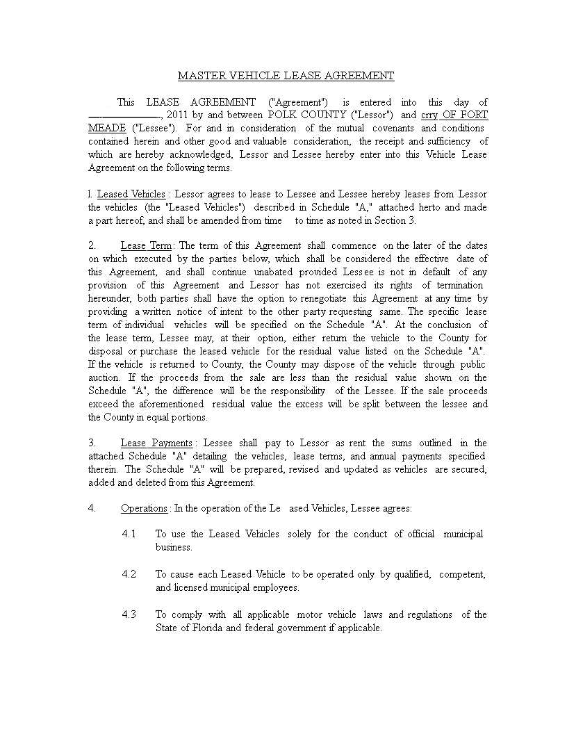 Master Vehicle Lease Agreement Template
