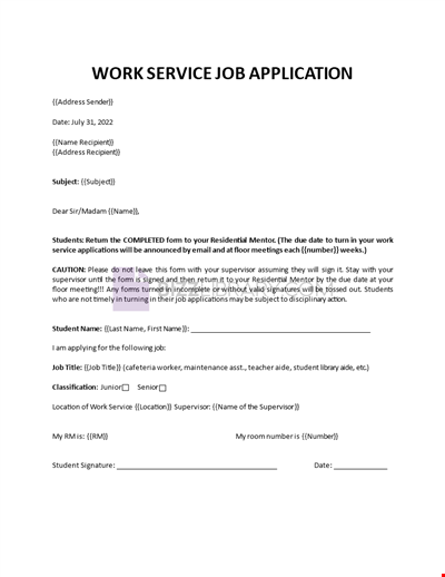 Service Worker Job Application Letter