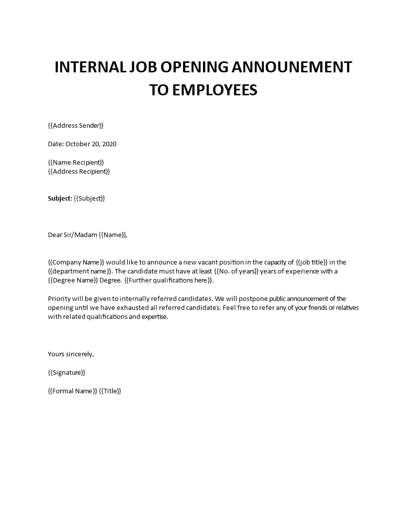 Internal job opening announcement to employees In Internal Job Posting Template Word