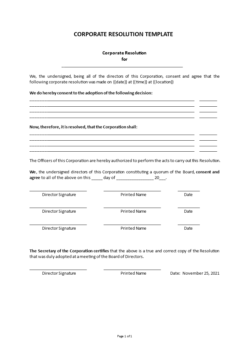 corporate resolution template Main Image corporate resolution template