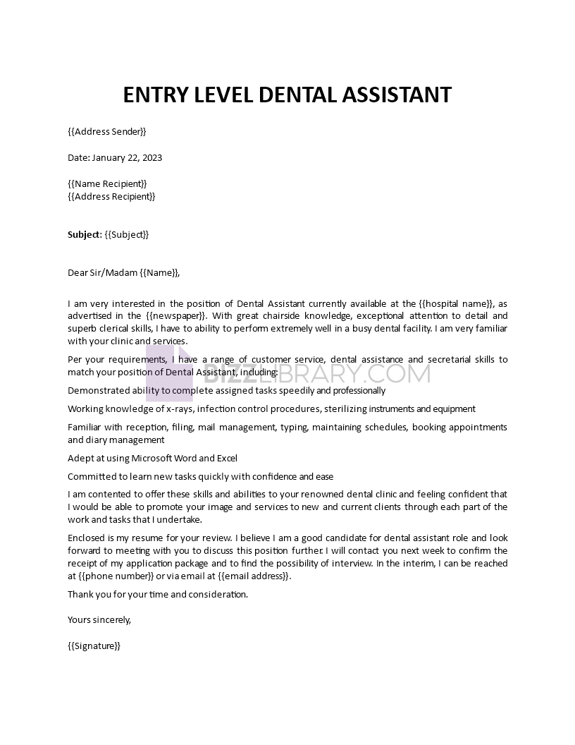 dental assistant cover letter template