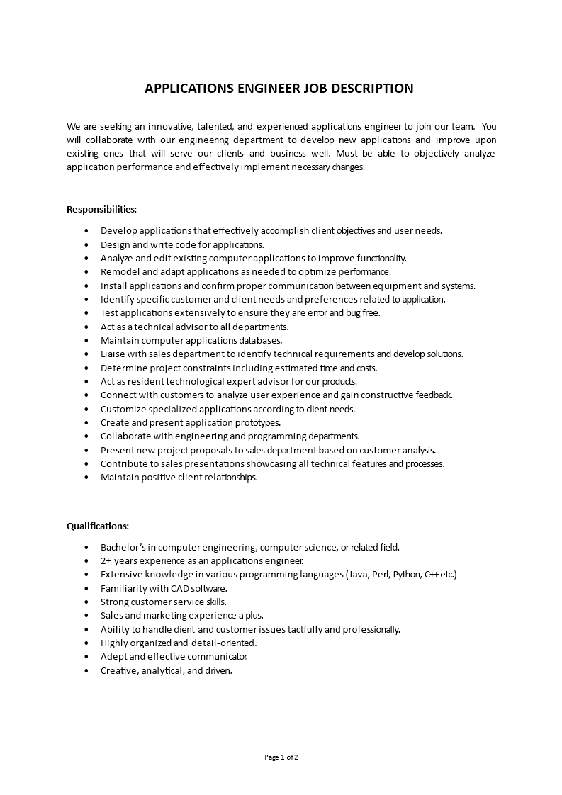 applications engineer job description template