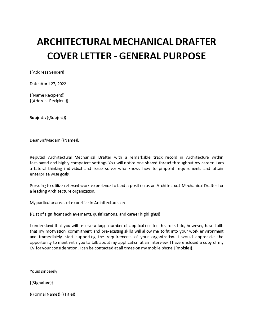 architectural mechanical drafter cover letter