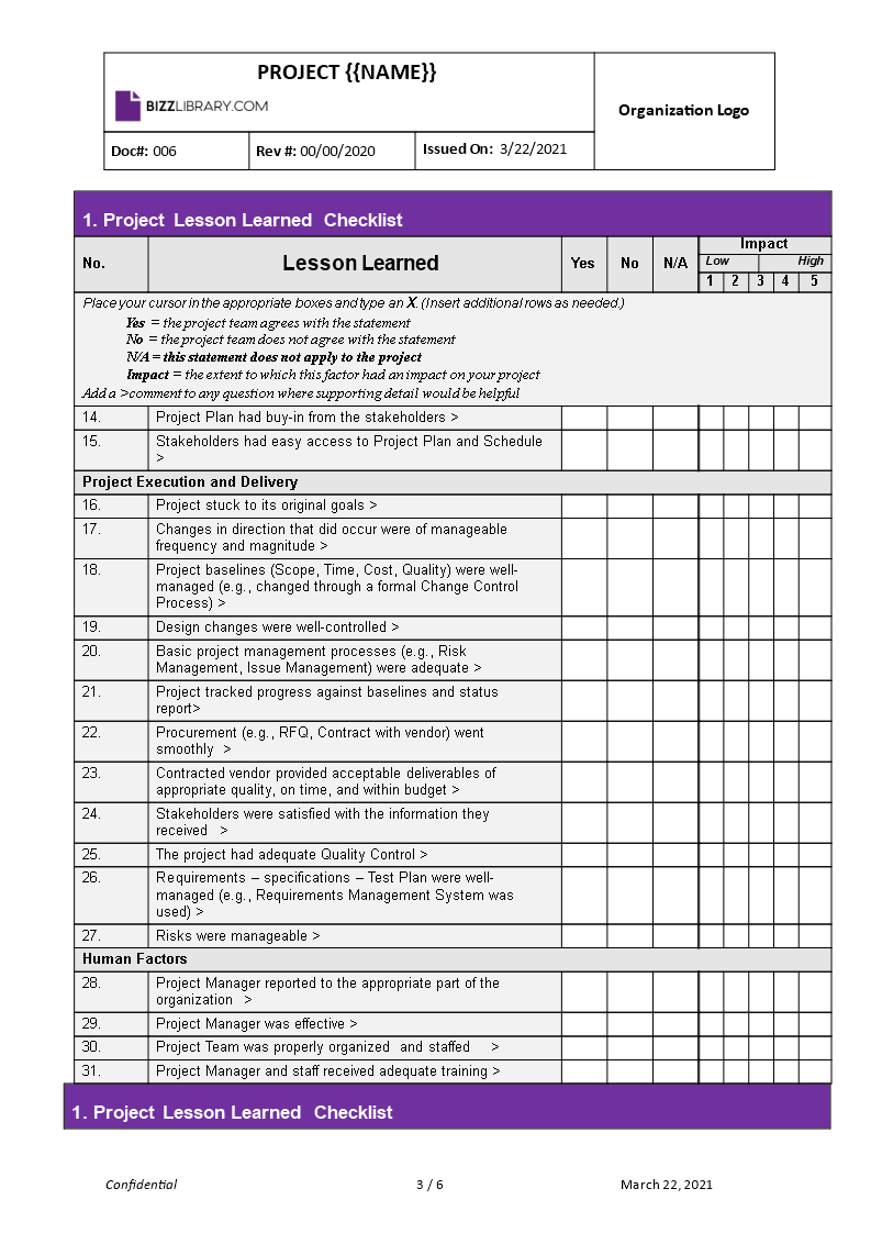 lessons learned register sample