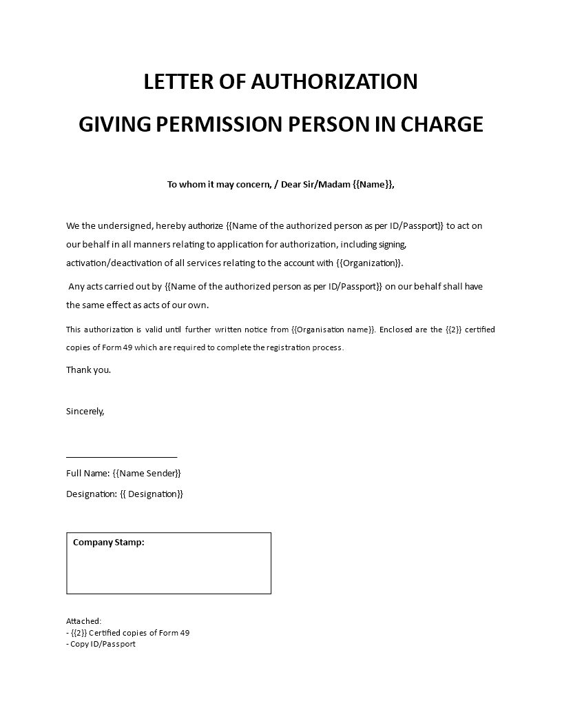Sample letter of authorization giving permission